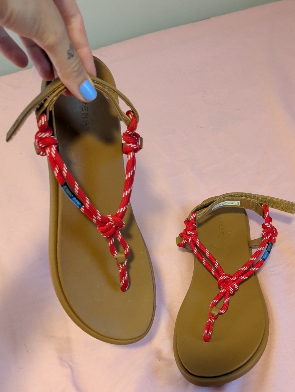 Sperry Red Rope T‑Strap Sandals with Tan Footbed